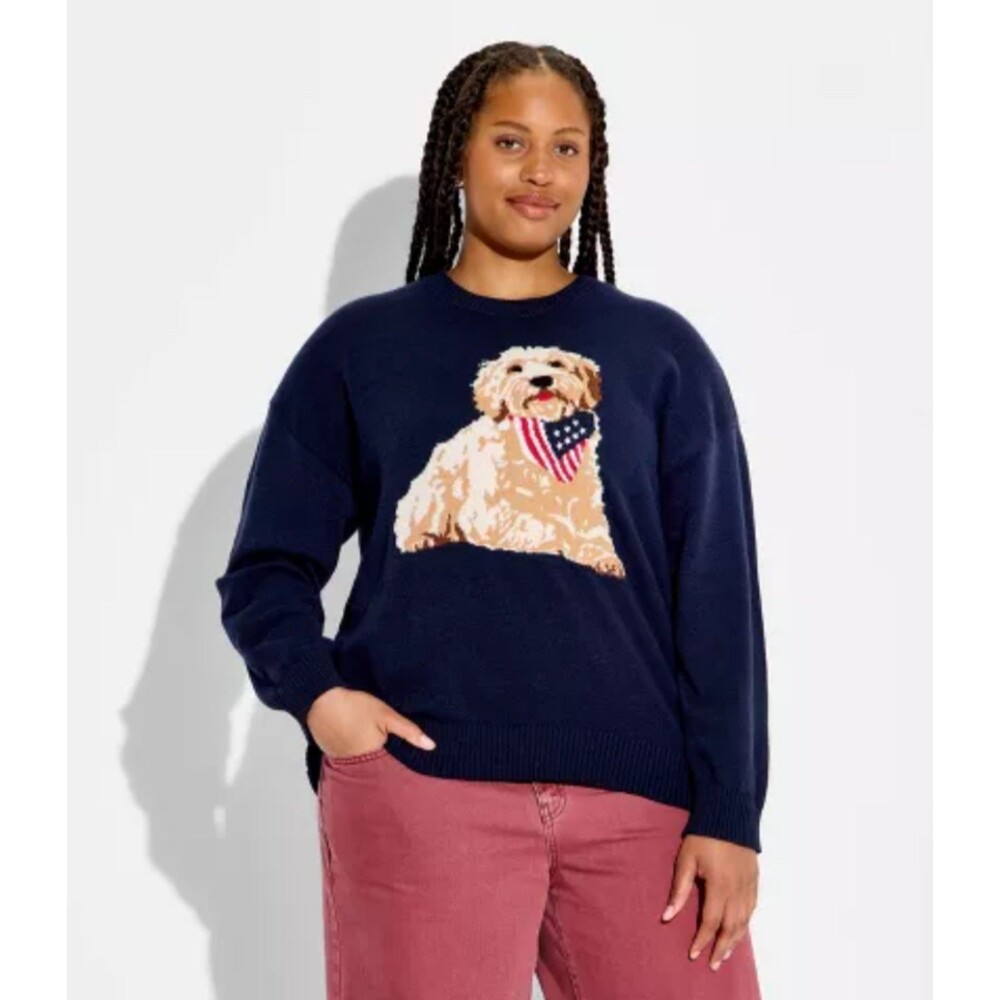 Women's Zoe+Liv Americana Dog Graphic Long Sleeve Pullover Sweater Blue XL
